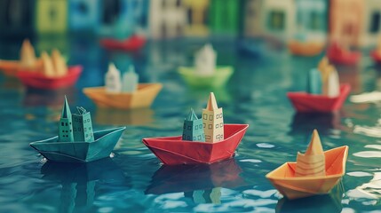 Obraz premium A floating city made of paper boats drifting in a pond