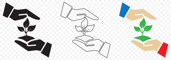 Hand plant icon. Vector. hand leaf care logo icon. hand holding tree plant silhouette illustration on Transparent Background. EPS 10.