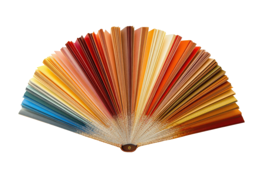 Colorful paper fan spectrum of warm colors design element, isolated on transparent background