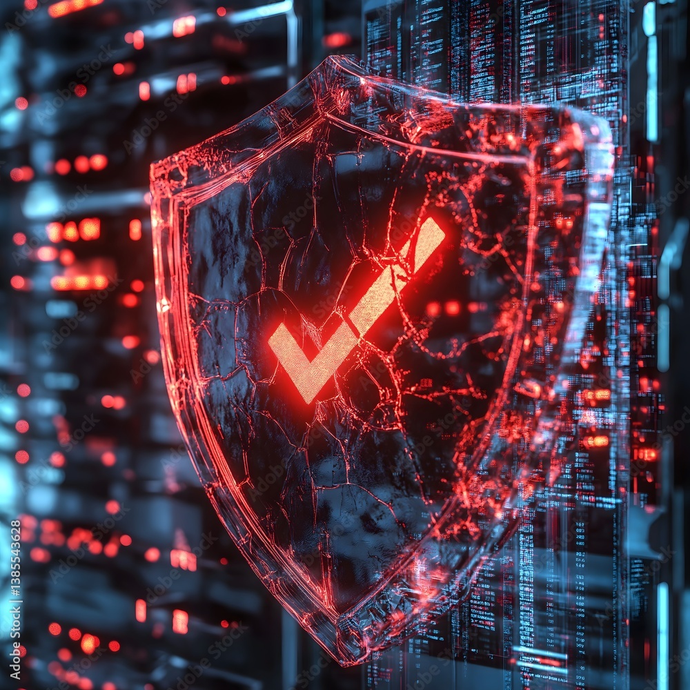 Poster cyber security shield with glowing checkmark for data protection