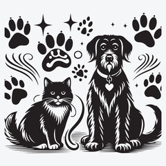 Black dog and cat paw prints on a white background stock illustration