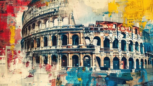 A vibrant pop art collage of ancient Roman architecture created from colorful newspaper fragments. A tourist card with historical details and contemporary art.