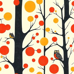 Colorful Tree Pattern with Whimsical Owls and Circular Elements
