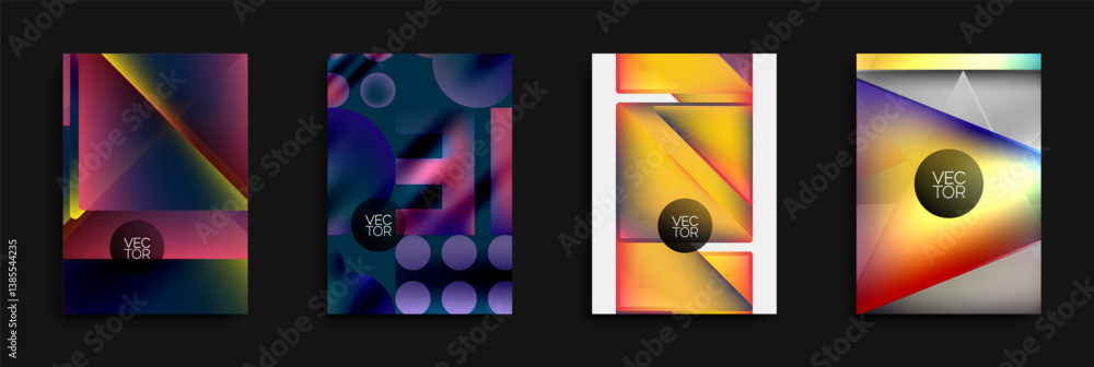 Poster Four vibrant abstract designs. Geometric shapes overlap, creating colorful gradients. Each features circular logo element with text vector. Modern, dynamic compositions.