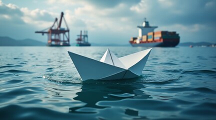 Obraz premium Tariff Increase concepts, A paper boat floats in the water with cargo ships and cranes in the background.