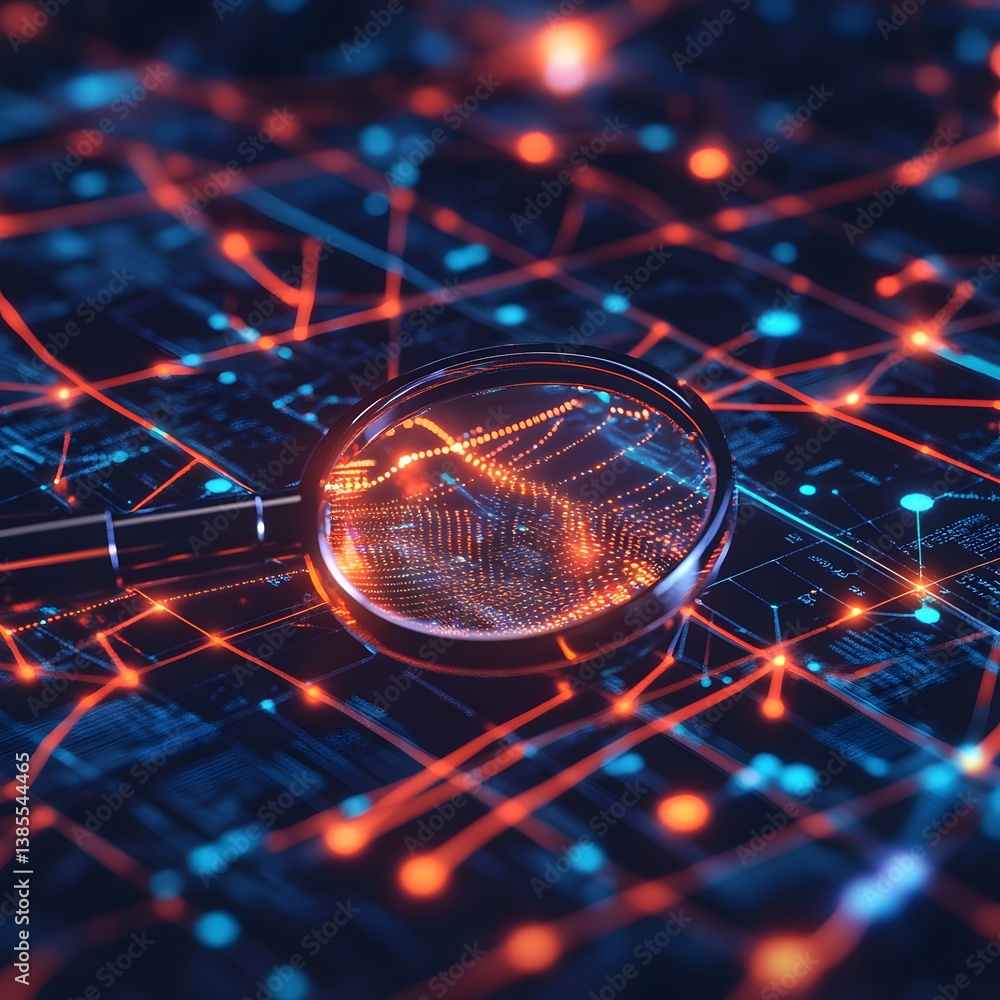 Poster magnifying glass over circuit board examining data flow and connectivity