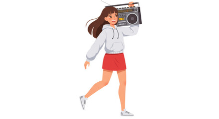 Cartoon girl carrying boombox while walking and smiling against white background