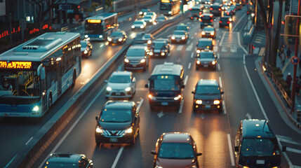 Fototapeta premium Cars and buses navigating through busy city traffic. stock image, hd quality, natural look