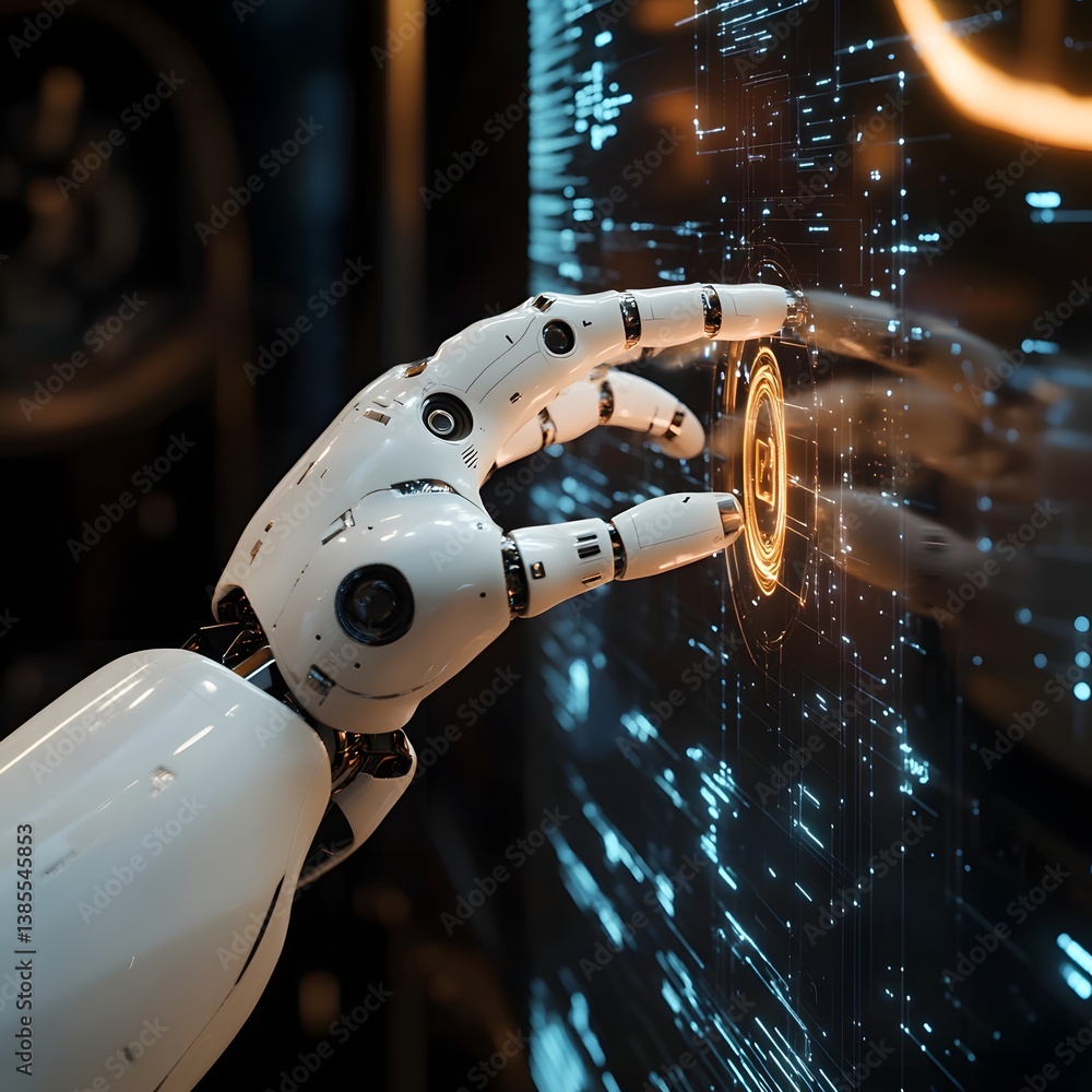 Poster robotic hand interacting with digital interface displaying data