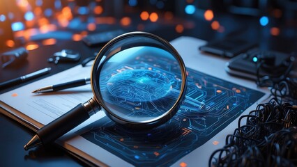 A magnifying glass and a clipboard rest on documents with text