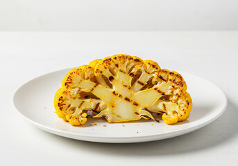 Grilled Yellow Cauliflower Steak on White Plate