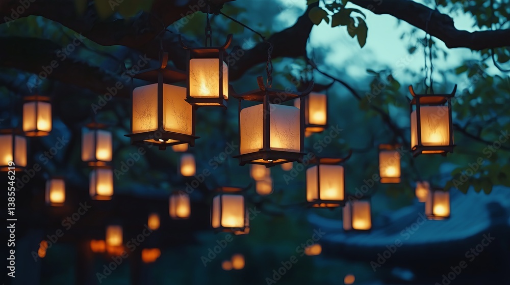 Poster a city of glowing lanterns hanging from tree branches.