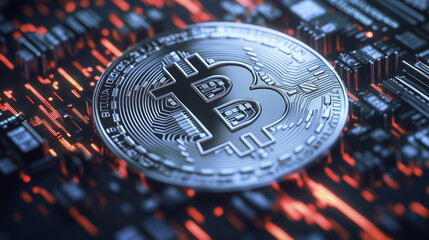 close up of a bitcoin on a electronic circuit