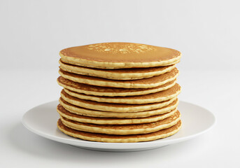 High Stack of Golden Brown Pancakes on White Plate