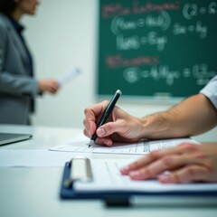 Close-up of hands writing financial equations on whiteboard in economics class, schoolwork, lesson