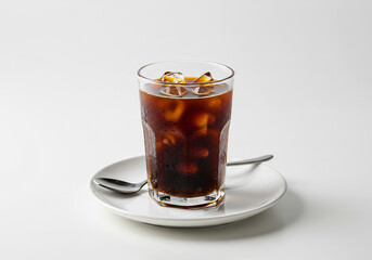 Iced Coffee in Glass with Ice Cubes on White Plate