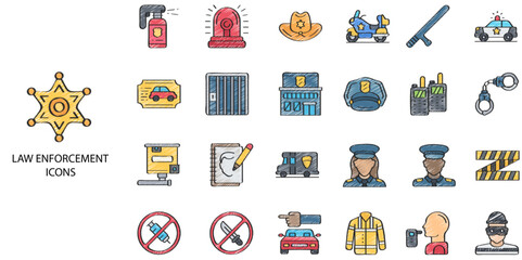 Law simple concept 24 hand drawn color icons set. Contains such law, compliance, corporation, governance, merger, acquisition .Vector illustration.