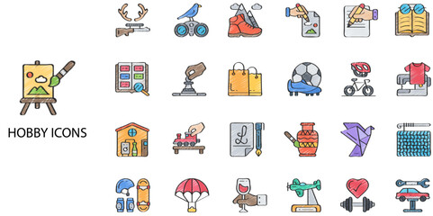 Fototapeta premium Hobby simple concept 24 hand drawn color icons set. Contains such free, free time, fun, game, hobby .Vector illustration.