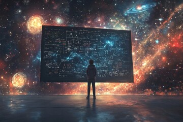 Science and Exploration. A child immersed in cosmic knowledge, studying complex theories on a blackboard against a galactic backdrop.
