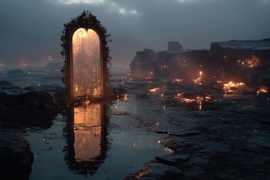 Ethereal Gateway and Reflection. A fantastical reflective portal surrounded by an enchanted landscape, hinting at unknown realms.