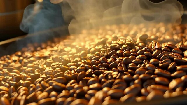 Freshly roasted coffee beans filling the air with rich aroma in a bustling coffee roastery