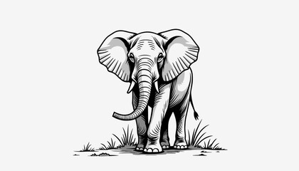 Fototapeta premium Stylized black and white illustration of an elephant standing on grass, showcasing its majestic features