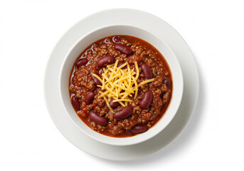 Overhead Shot of Hearty Chili with Cheddar Cheese in a White Bowl