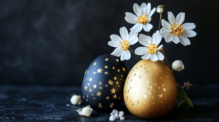 Decorative Gold and Black Easter Eggs with Stars and White Blossoms