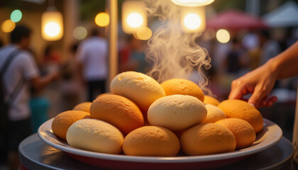 Obraz premium Steaming puto bumbong at outdoor food stall, festive atmosphere