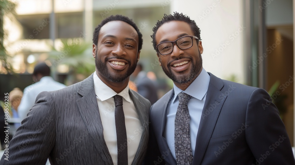 Poster two well-dressed men share bright smiles while standing close together at a bustling networking even