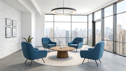 Fototapeta premium Modern office interior, luxury meeting room, panoramic windows, city skyline view, blue armchairs, round wooden table, circular pendant light