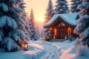 Fototapeta premium Peaceful winter forest path leading to a cozy decorated cabin with festive holiday lights.
