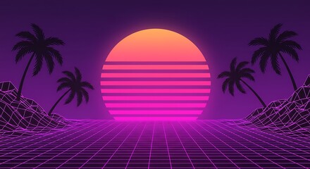 Naklejka premium Synthwave Sunset Shores AI Generated