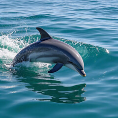 Fototapeta premium Playful dolphin leaping out of clear turquoise ocean water on a bright sunny day. 