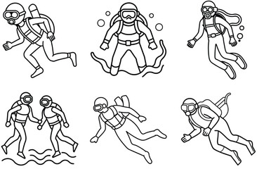 Fototapeta premium Line art Scuba Divers Underwater Swimming, Adventure, Water Sport, Black Outline