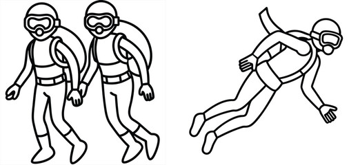 Outline of Sky Divers Team in Uniform, Goggles, Oxygen Tank, Isolated on White Background