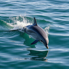 Fototapeta premium Playful dolphin leaping out of clear turquoise ocean water on a bright sunny day. 