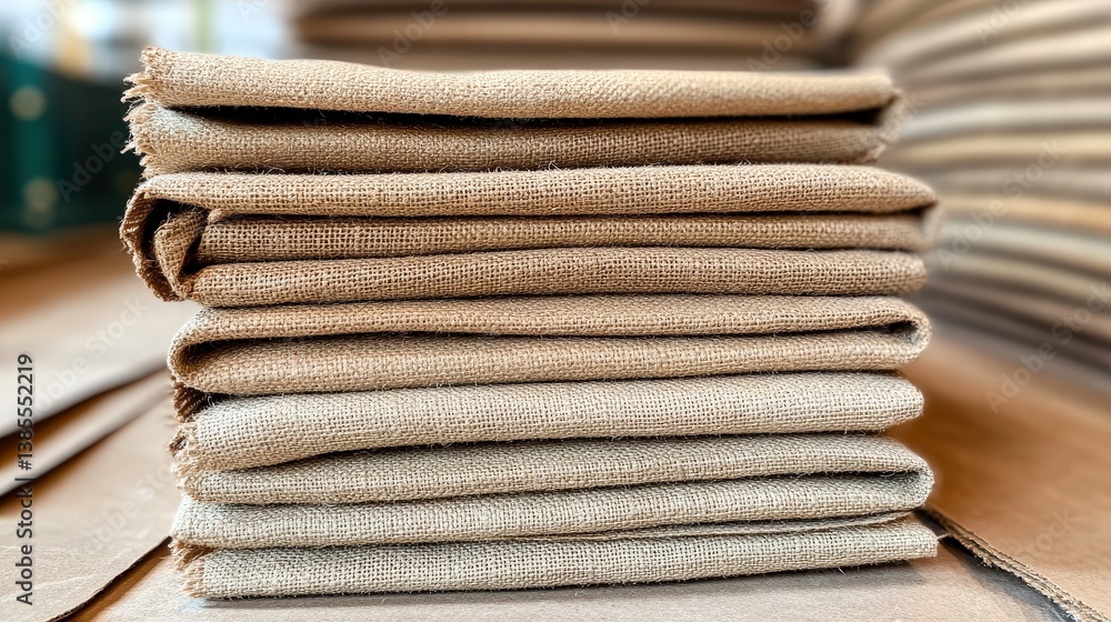 Aufkleber a neat stack of folded fabric, showcasing a textured, natural material in a neutral color, emphasizi