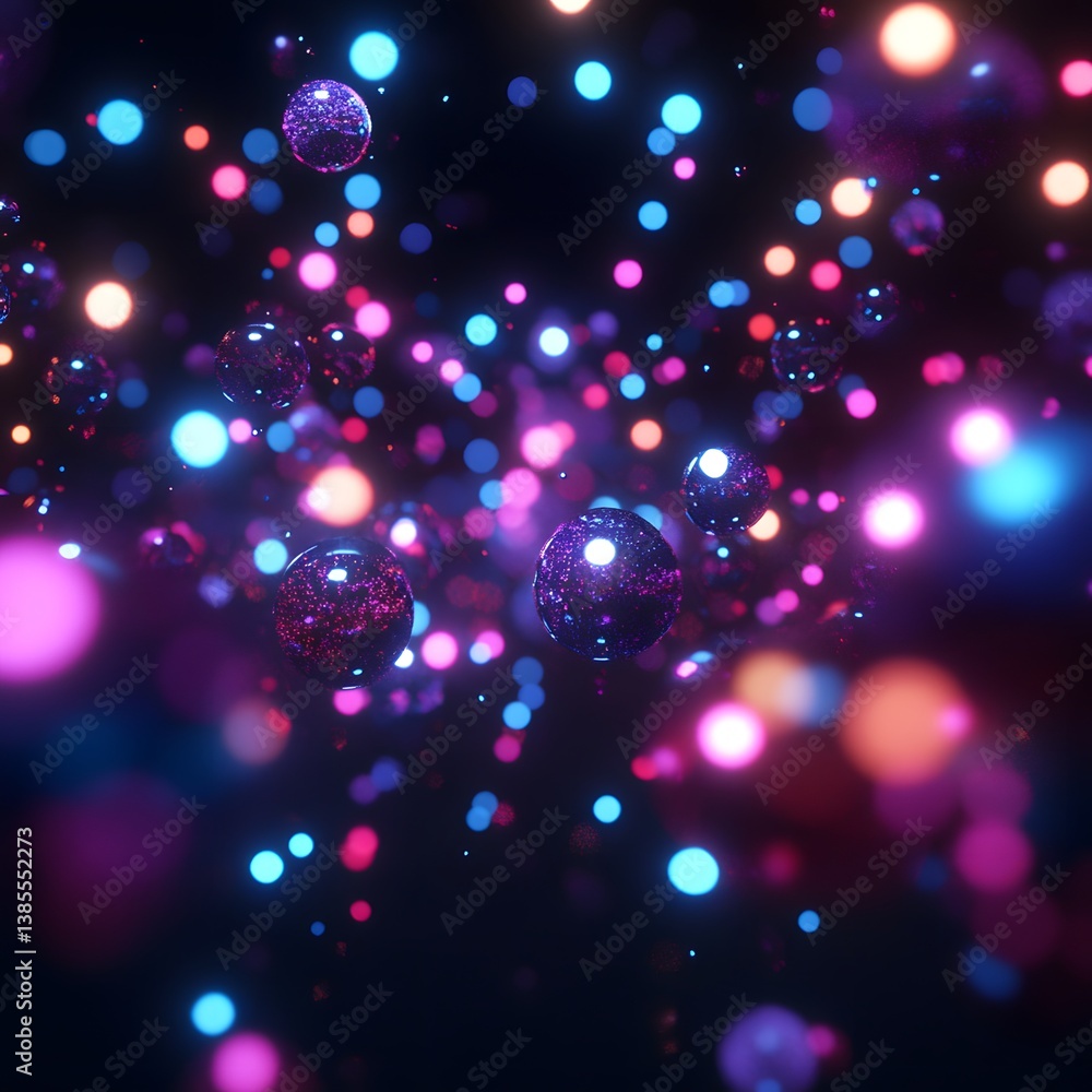 Poster abstract glowing spheres with bokeh lights in deep space