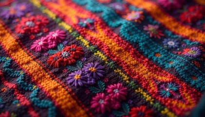 Close-up of intricate pattern on mexican fabric, material, Mayan, close-up