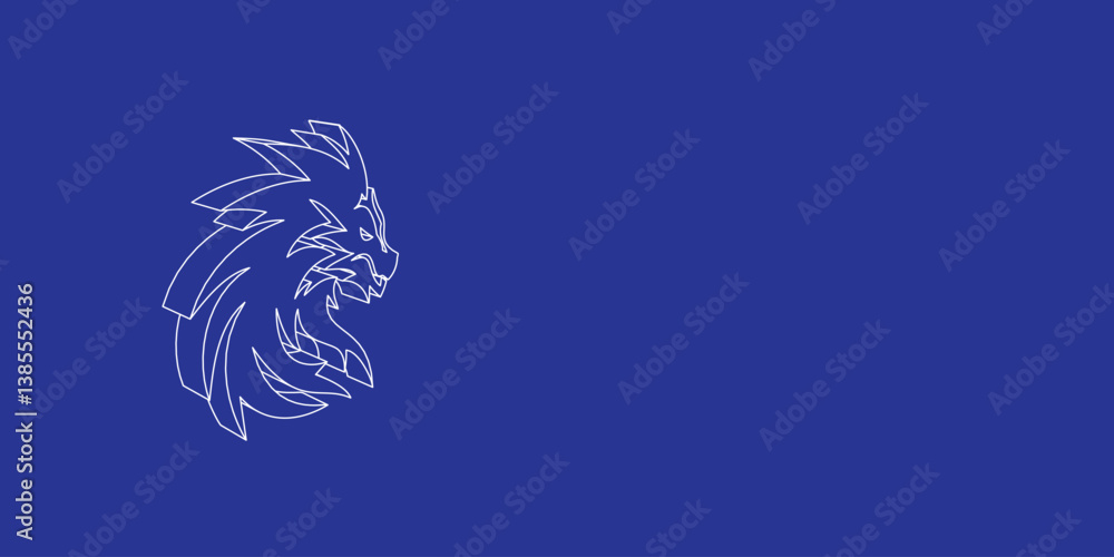 Poster the outline of a large dragon's head symbol made of white lines on the left. 3d view of the object i