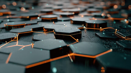 Fototapeta premium Seamless hexagonal pattern with glowing edges, showcasing futuristic digital design. surface reflects light, creating captivating visual effect