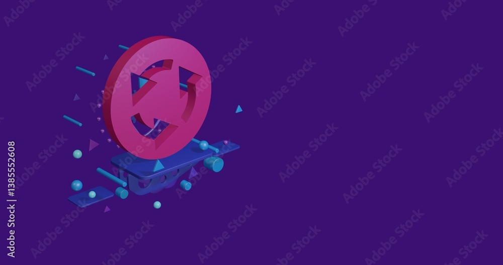 Poster pink roundabout sign on a pedestal of abstract geometric shapes floating in the air. abstract concep