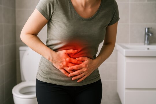 Woman suffering from strong stomach ache in bathroom