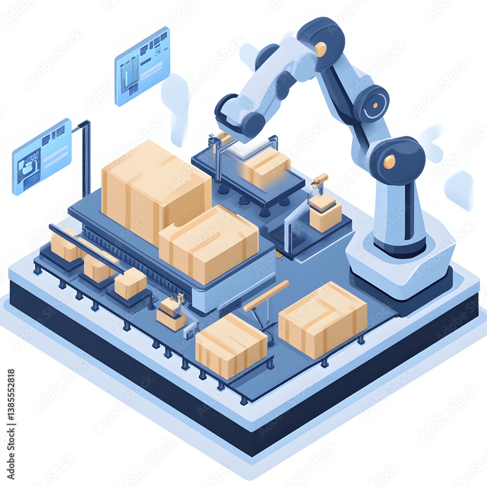 Poster automated robotic arm packaging boxes in production line