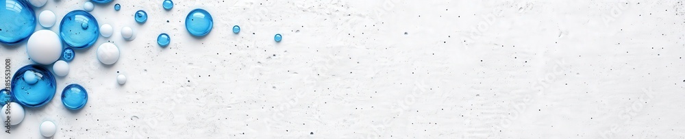 Poster a close-up of blue and white water droplets on a textured surface, creating a visually appealing pat
