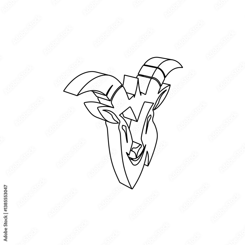 Poster the outline of a large goat head symbol is made with black lines. 3d view of the object in perspecti
