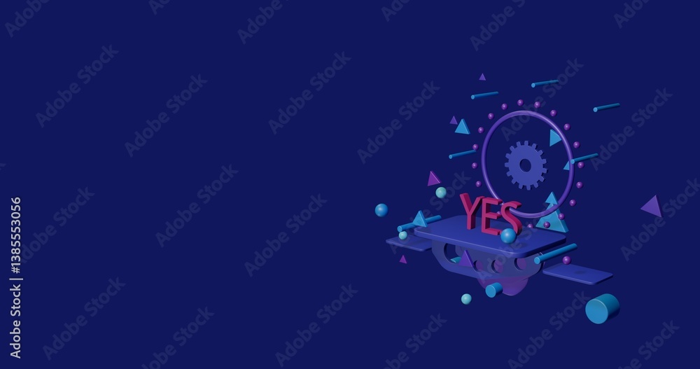 Poster pink yes symbol on a pedestal of abstract geometric shapes floating in the air. abstract concept art