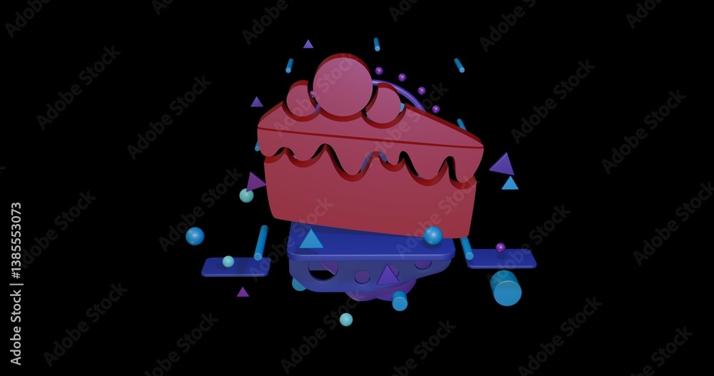 Poster red piece of cake symbol on a pedestal of abstract geometric shapes floating in the air. abstract co