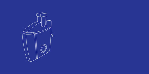 The outline of a large juicer symbol made of white lines on the left. 3D view of the object in perspective. Vector illustration on indigo background